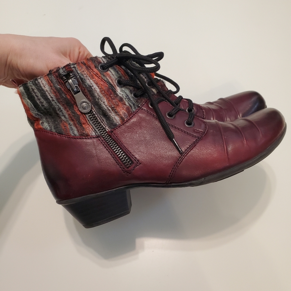 Remonte 37 Boots Lace Up Moto Short Booties Burgundy Red Boho Stripes Warm Boot